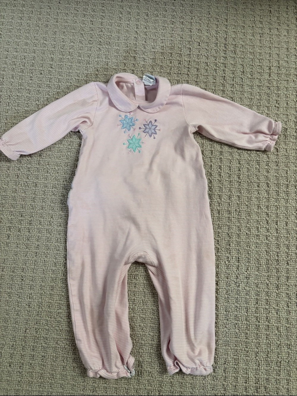 Florence Eiseman Pink Long-Sleeve Baby Romper Longall with Snowflake Embroidery
